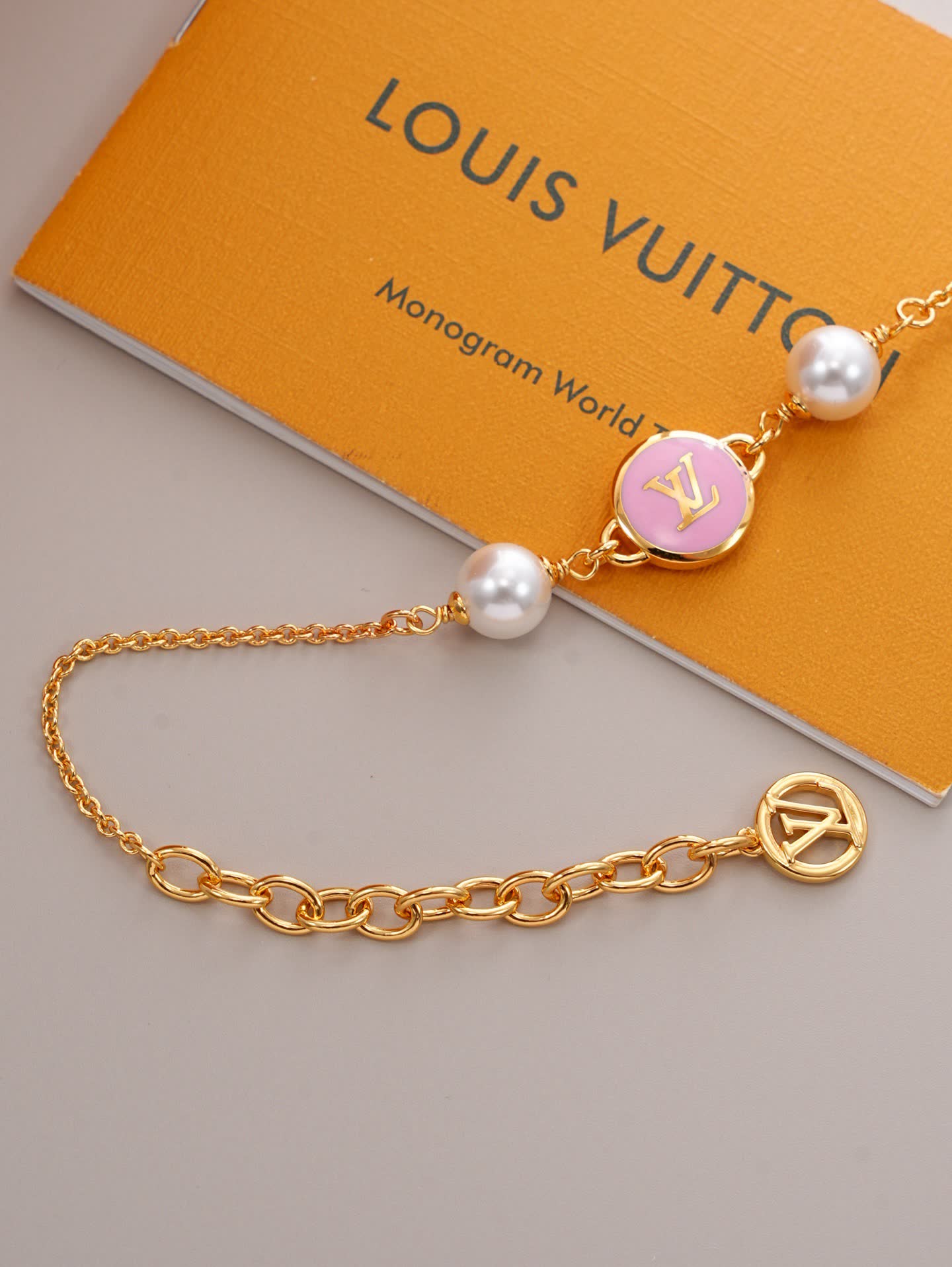 Louis Vuitton Pink Enamel Logo Bracelet with Pearls